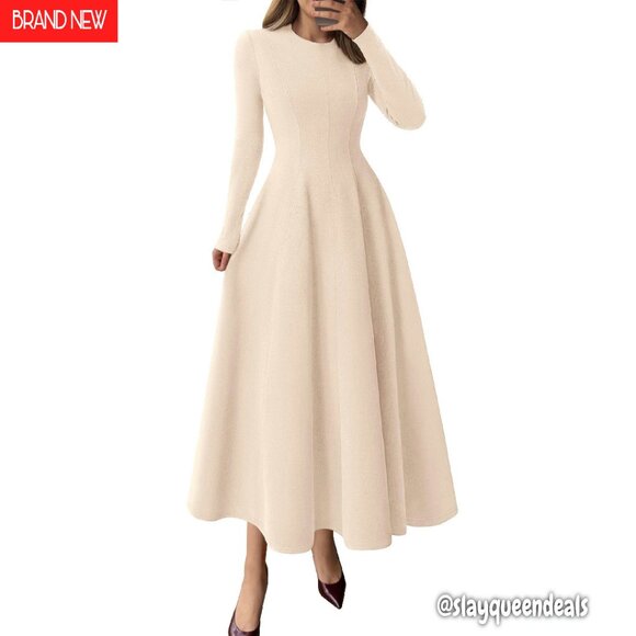 Elegant Long Sleeve Midi A-Line Dress Fall Winter Formal Party Cocktail
